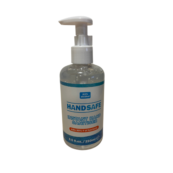 250ml Instant Hand Sanitiser Gel Pump Bottles from Handsafe, Kills 99.9%+ of Bacteria, 62% Alcohol Based (1pcs)